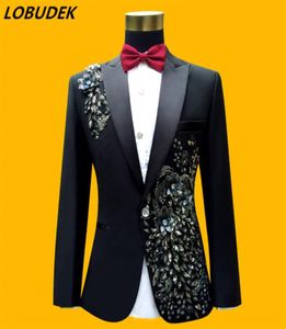 Fashion Highgrade Applique Men039s Suits Sparkly Sequins White Crystals Blazers Pants Set Prom Party Host Singer Costume Weddi9840998