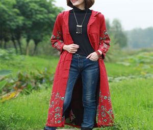 Vintage Womens Cotton Coats Floral Chinese Long Duster Coat Windbreaker Hooded Trenchcoat Embroidery Cardigan3053563