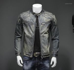 Men039s Blue jeans vintage clássico motociclista de motocicleta stand colar gole retro slim fit