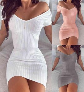 Сексуальное V-образное сплошное тонкое мини-платье Женщины летнее плечо для плеча с коротким рукавом с высокой талией.