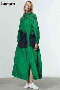 ラウタロ春秋、大きなポケットを持つ女性のためのエクストラロングロングサイズのグリーントレンチコートドローストリングラグジュアリーデザイナーファッション2022 4426034