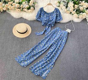 Temperament Fashion Bohemian Spring Floral Sets Two-piece Bow Tie Short Top Women High-waist Wide-leg Pants C279 210069048425