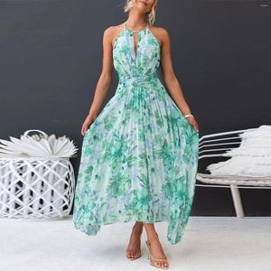 Swobodne sukienki elegancka bohemiła w stylu zielona sukienka huśtawka seksowna kantarka bez rękawów kwiecisty nadruk plisowany plażowy wakacyjny sundress