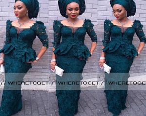 Nigerial Lace Evening Gowns Dark Green Half Sleeves Illusion Neckline Mermaid Floor Length Sexy Aso Ebi Style Prom Dress 2019 Cust7646351