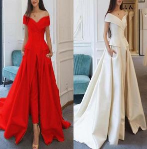 Elegant Jumpsuit Evening Formal Dresses 2020 Overskirt Off Shoulders Satin Pant Suit Prom Party Gowns Sweep Train Dubai Abaya Kaft3833924