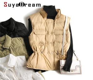 Suyadream Woman Down Coat Stand Collar Winter Vests Belted midja Solid Womens Parka varma jackor 2011255054439