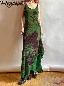 Casual Dresses Rapcopter Y2K Print Pathwork Green Long Dress Women Sleeveless French Grunge Sundress Elegant Beach Night Prom Summer 90s