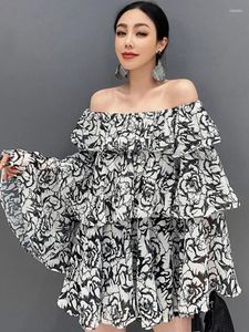Женские блузки Qing Mo 2024 весна/лето Черная шифоновая рубашка напечатана на одной линии шейной шейной топ -рукав.