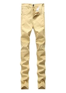 Dżinsy motocyklowe khaki plisowane design męskie szczupłe slim dżinsowe spodnie Nowe przybycie Hiphop Street Ripped Jeans4292090