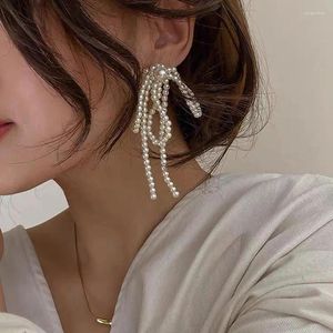 Dangle Küpeler 2024 Koreli Tassel Yay El Yapımı İnci Boncuklar Uzun Küpe Kadınlar için Düğün Moda Takı Mizaç Kulak Yüzük