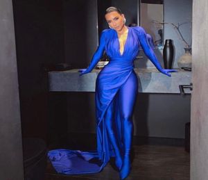 Вечернее платье Женская одежда Balqeesfathi Nawalelzoghbi Kylie Jenner Blue Vneck с тропой с длинным рукавом YouSef Aljasmi Silver Cryst8031138