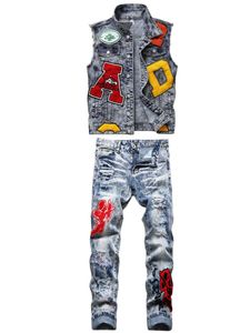 Summer Tracksuits Men039s Embroidered VestJeans 2pcs Set Fashion Slim Denim Waistcoat and Ripped Patch Stretch Pants Male Stre1307687