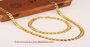 Łańcuch męski damski 14K Golden GF Łańcuch Krawężnik Link żółty stały złoto Naszyjnik 600 mm Bransoletka 210 mm 7 mm biżuteria