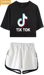 CINPOO LadiesGirls TIK Tok Printed TShirt Music Video App Logo Crop Top with Shorts Hip Hop Streetwear Pyjama Sets115995038