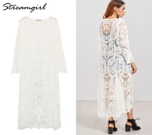 Streamgirl Women Long Cardigan Summer Oversize Long Sleeve Beach Lace Cardigan White Female Casual Kimono Cardigans Summer 2104218234902