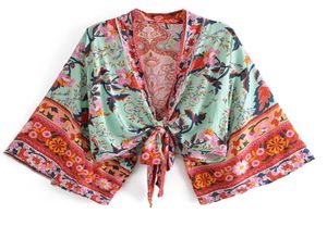 Boho Vintage Floral Print Beach Summer Short Kimono Women Fashion Ladies Blouses повседневные v Neck Batwing Рукава Bohemian Coverp 24800253