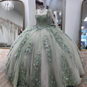 Funkelnd hellgrüne Quinceanera Kleider geschwollene Perlen Applikationen Süß 16 Ballkleid Tüll 3d Blumen Vestidos XV 15 Anos Promkleid