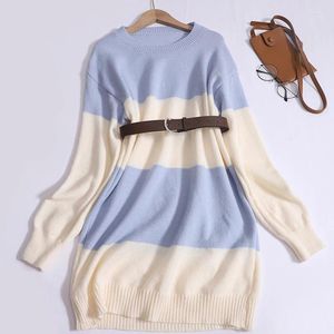 Lässige Kleider Koreanische nationale hochwertige Pulloverkleiderinnen Frauen Kleidung 2024 Herbst Winter Retro Farb Matching Gürtel gestrickt