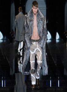 Hela mode vinter plus size Men039s faux päls lång design trench ytterkläder silver päls överrock catwalk show wear s3707889