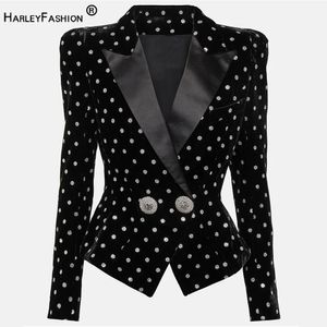 EST Luxury Design Polka Dot Diamonds Bottons Classic Slim Fitnees Black Velvet Women Blazer 240518