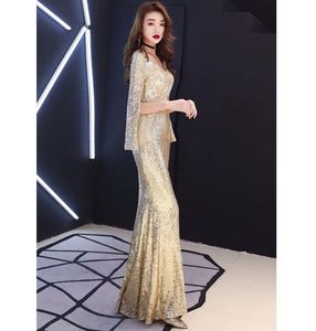 Elegant African Long Sleeves Lace Mermaid Evening Dresses 2021 Aso Ebi Long Sleeves Gold Beaded Prom Gowns Robe De Soiree LJ2012243299961