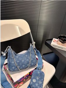 22FW Women Luxurys Designers Denim Bags 2 I 1 Pochette Handbag Inkjet Flower Bag Accessoires äkta läder Messenger Ladies Travel Handbag 22cm