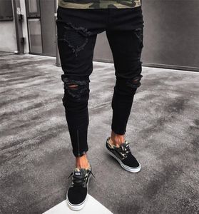 Męska fajna marka marki czarne dżinsy chude rozryte zniszczone rozciągnięte szczupłe spodnie chmielowe z otworami dla mężczyzn Dropship3037811