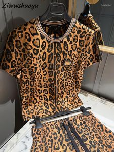 Vestidos de trabalho de alta qualidade verão feminino designer de pista de algodão leopardo impresso Tees soltas Cantura elástica Saias curtas Suites