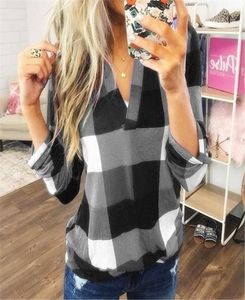 QNPQYX New autumn Women T Shirts VNeck Check Lattice Plaid t Shirt Tops Long Sleeve Lady Casual Loose tshirts Plus Size S5XL dro3331815