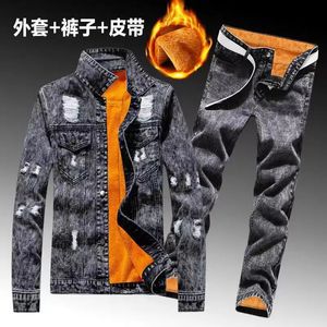 Winter Men Fleece Lining Thick Warm Denim Two Piece Set Slim Fit Cowbody Jacket Jeans Suit Cargo Sets 240507
