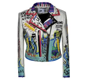 S To XXL 3XL PU Leather Jacket Women Eagle Print Graffiti Rivets Coats Punk Biker Motorcycle Silver Tops SX013 2010096521830