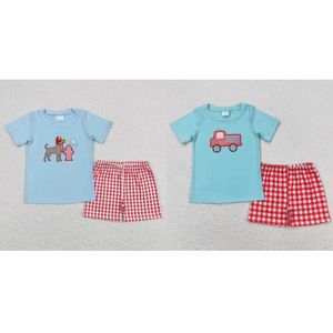 衣料品セット卸売子のセットブルーショートスリーブコットンファイヤートラックドッグTシャツ子供の子供レンズチェッカーショートパンツ刺繍夏セットQ240517