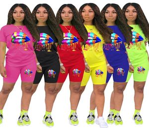 Sommer Frauen 2 -teilige Hosen Tracksuit Outfit Lippenmund Druck kurzärmeligte Top T -Shirt Bodycon Leggings Hosen Sommerkleidung 83466624