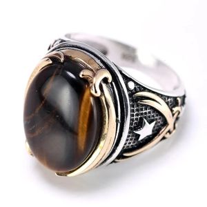 Ringos de prata de 925 de 925 anéis de prata genuínos Anéis vintage frios de Onyx Tigre de Tigre Big Turkish Rings for Men With Stones Turkish Jewellery 240509