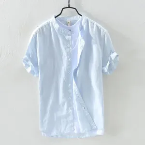 Men's Casual Shirts Cotton Linen Short-Sleeved Summer Streetwear Plain Color Stand Collar Beach Style Top