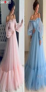 Pembe Mavi Balo Elbiseler Uzun Kollu Omuz Galzeri Prenses Vestido 2022 Homecoming Balowe Robes Robes5838851