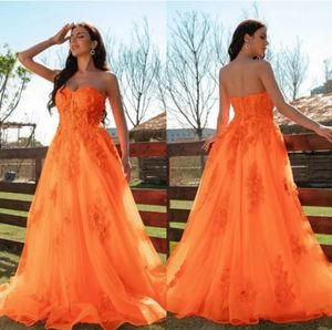 Exquisite orange A-Linie Party Promkleider Schatz Hals Lace Applique Abendkleider Neue ärmellose Reißverschluss Rücken kundenspezifische formelle Kleider