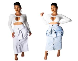 2019 New Women Summer High Waist Maxi Midi Jean Skirt Vintage Fashion Denim Skirts Ankle Length Skirts Side Pockets Straigh5794482