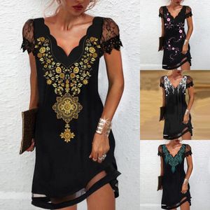 Casual Dresses 2024 Woman Dress Sexy V Neck Mini Women Lace Patchwork Vintage Summer Short Sleeve Party