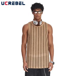 Dikey Stripes Örme Tank Top Mens Yaz Vintage High Street Crew Boyun Gevşek Kolsuz Erkekler 240518