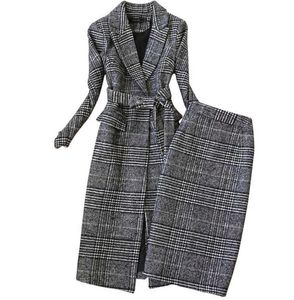 Work Dresses Plaid Suit Women Autumn Winter Long Woolen Blazer Skirt Set Temperament Tweed Trench Two Piece Plus Size Outfit F183479299
