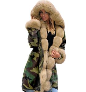 Women039s Herbst Winter Tarn Camo Faux Wolle Fell Fuzzy Kragen warme lange Kapuze -Manteljacken Schlanker locker dicker Parka Outwe8295367