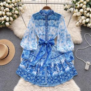 Casual Dresses Spring Summer Fashion Runway Elegant Flowy Chiffon Dress Women's Single Breasted Print Boho Holiday Party Mini Vestidos 2359