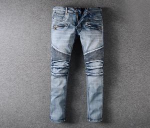 Mens Fold Skinny Light Blue Jeans Fashion Designer Pleated Panelled Zipper Slim Fit Motorcycle Biker Hip Hop Denim Pants 9576480789