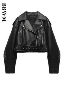 TRAF Women Oversized Vintage Loose Pu Faux Leather Short Jacket with Belt Streetwear Female Zipper Retro Moto Biker Coat Outwear 240508