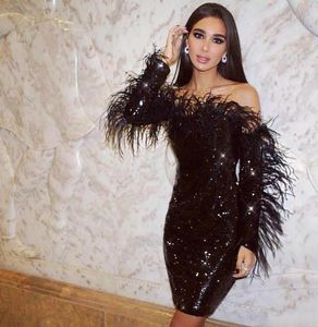 Sparkling Sequined Short Party Dress With Feather Long Sleeve Cocktail Prom Dresses Off The Shoulder Black Mermaid Evening Gowns S7870777
