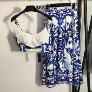 Vintage Print Sling Vest Dress Sets For Women Fashion Sexy Tank Top High Waist Skirts Party Wedding