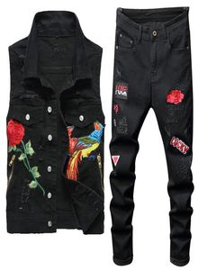 2021 Spring Black Tracksuits Men039s Rose broderihål Jeans Två stycken Set Slå ner krage Phoenix Flower Denim Vest Ri2414092