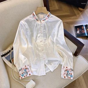 Damskie bluzki satynowe chińskie koszulę w stylu letni vintage haft luźne długie rękawy kobiety topy moda odzież ycmyunyan