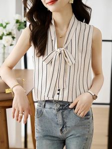 Women's Blouses 2024 Summer Temperament Chiffon Sleeveless Office OL Shirts Ladies Fashion Bow Tie Loose Blouse Women Clothes Tops